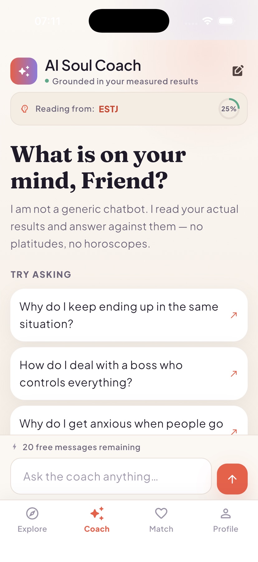The AI Soul Coach screen with grounded prompt suggestions