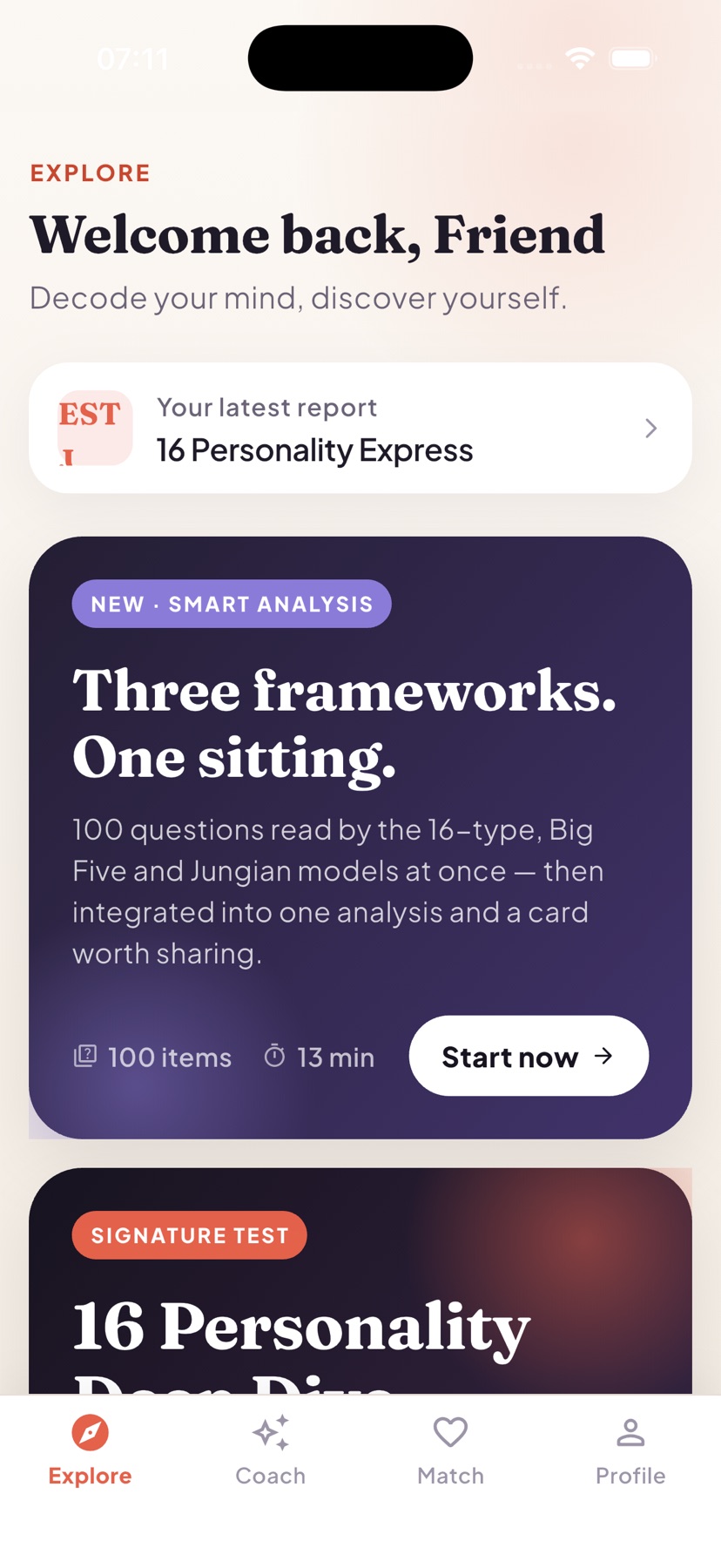The Explore screen, listing SoulType's assessments with the Smart Analysis card on top