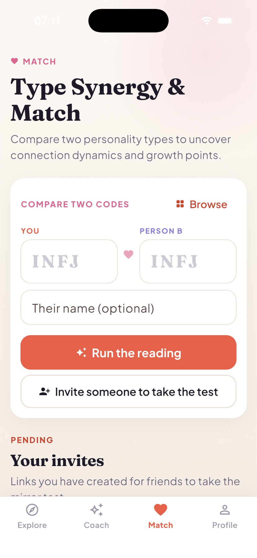 The Match screen comparing two personality codes
