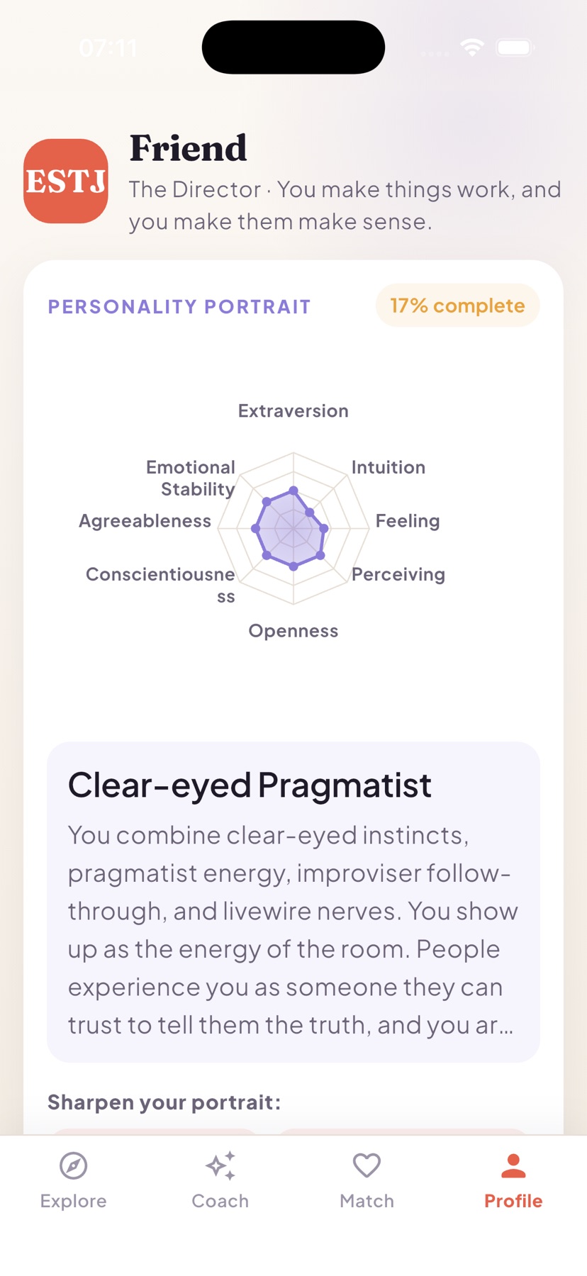 The Profile screen with an eight-axis personality portrait radar