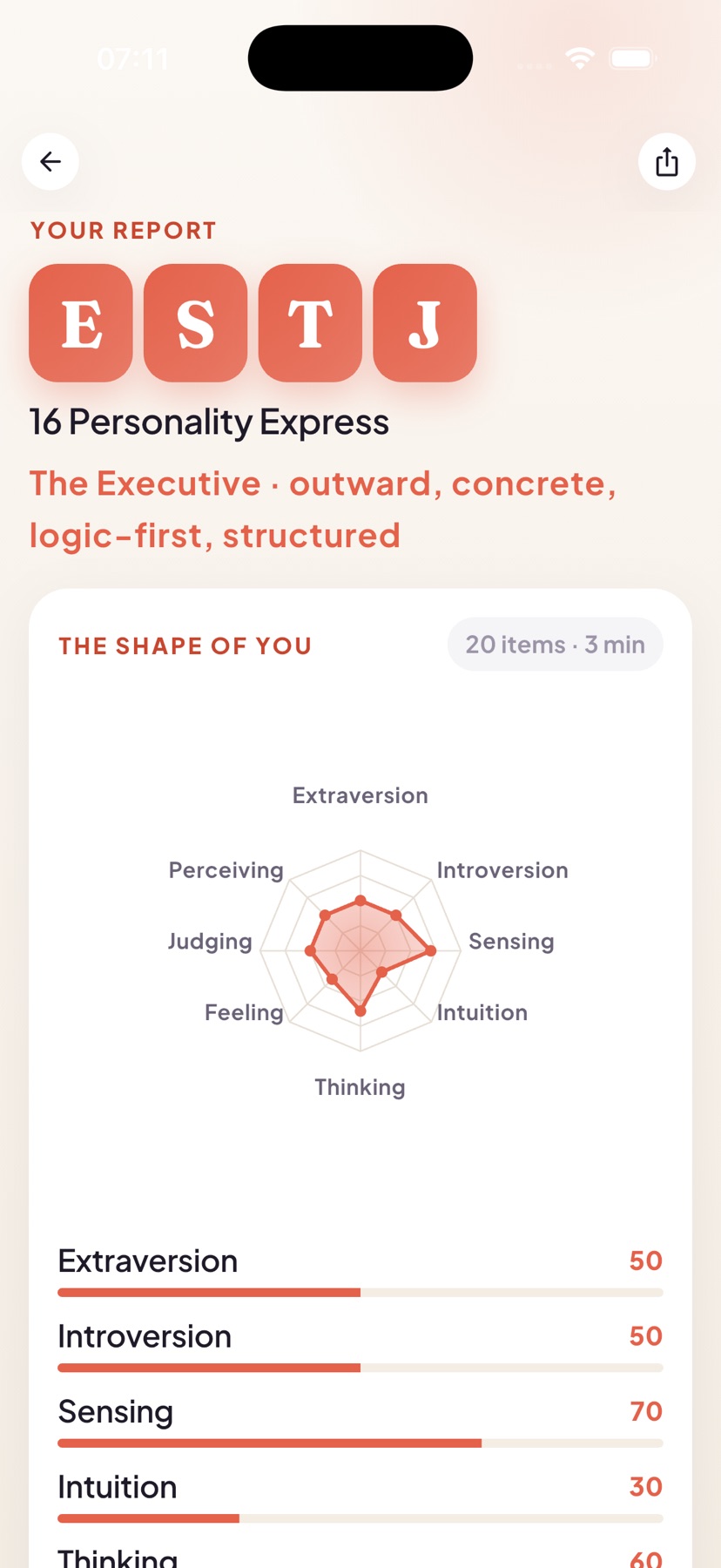 A SoulType report for ESTJ, with a radar chart and dimension scores